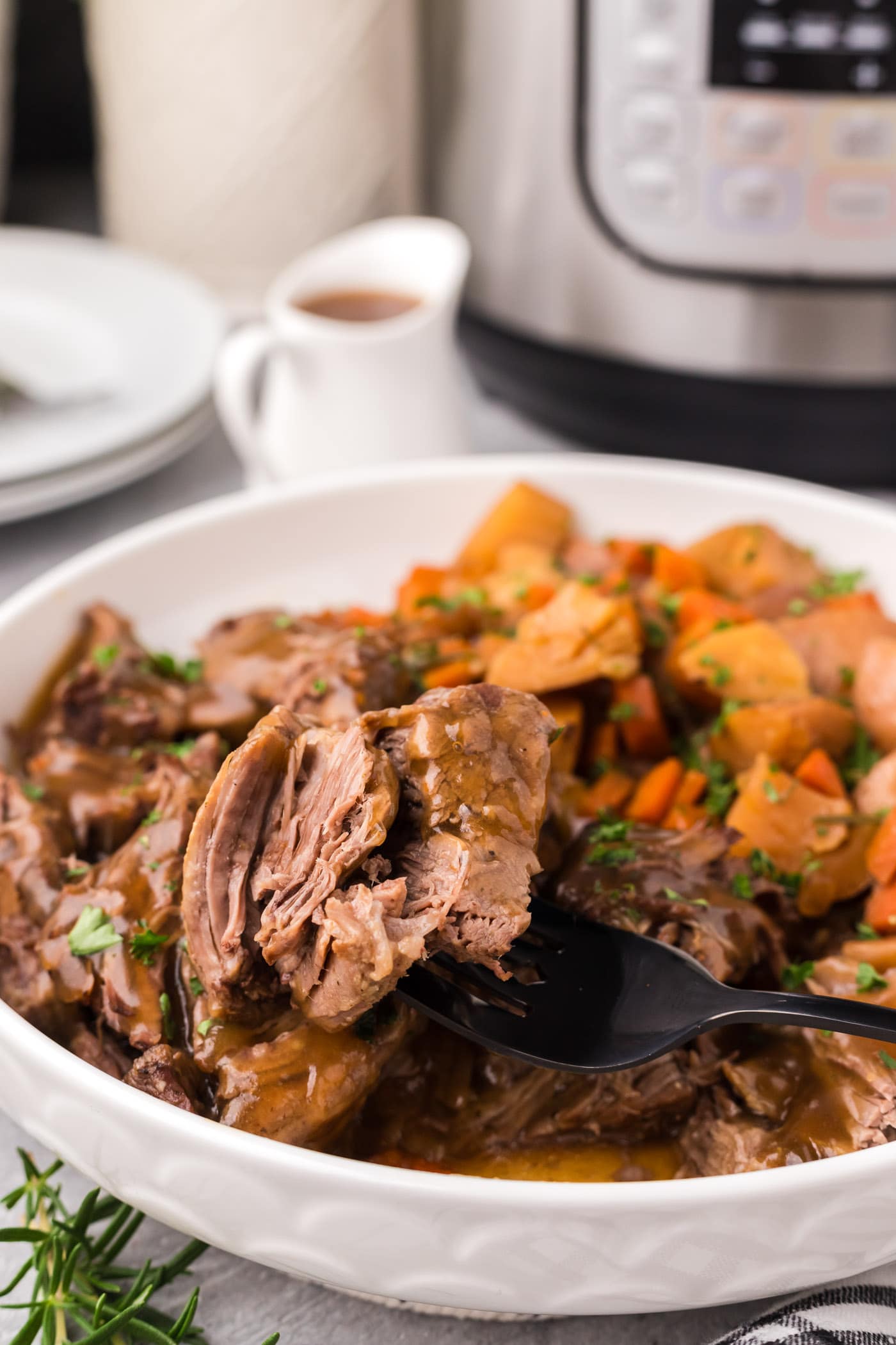 Piece of Instant Pot Roast Beef on a fork