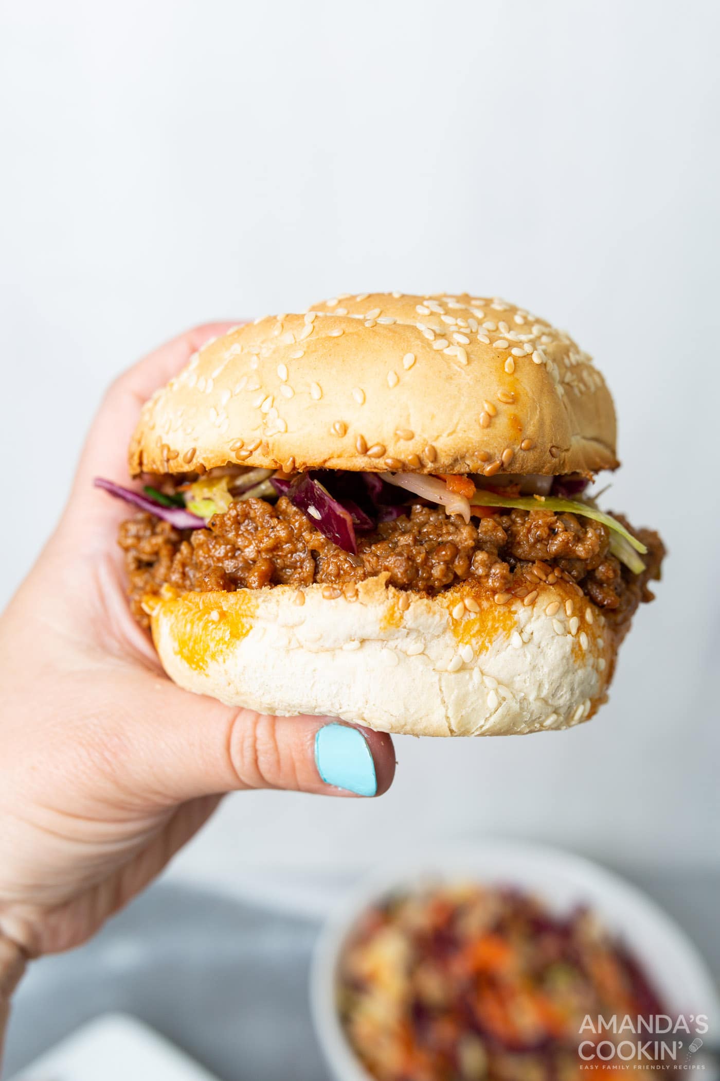 holding a sloppy joe sandwich
