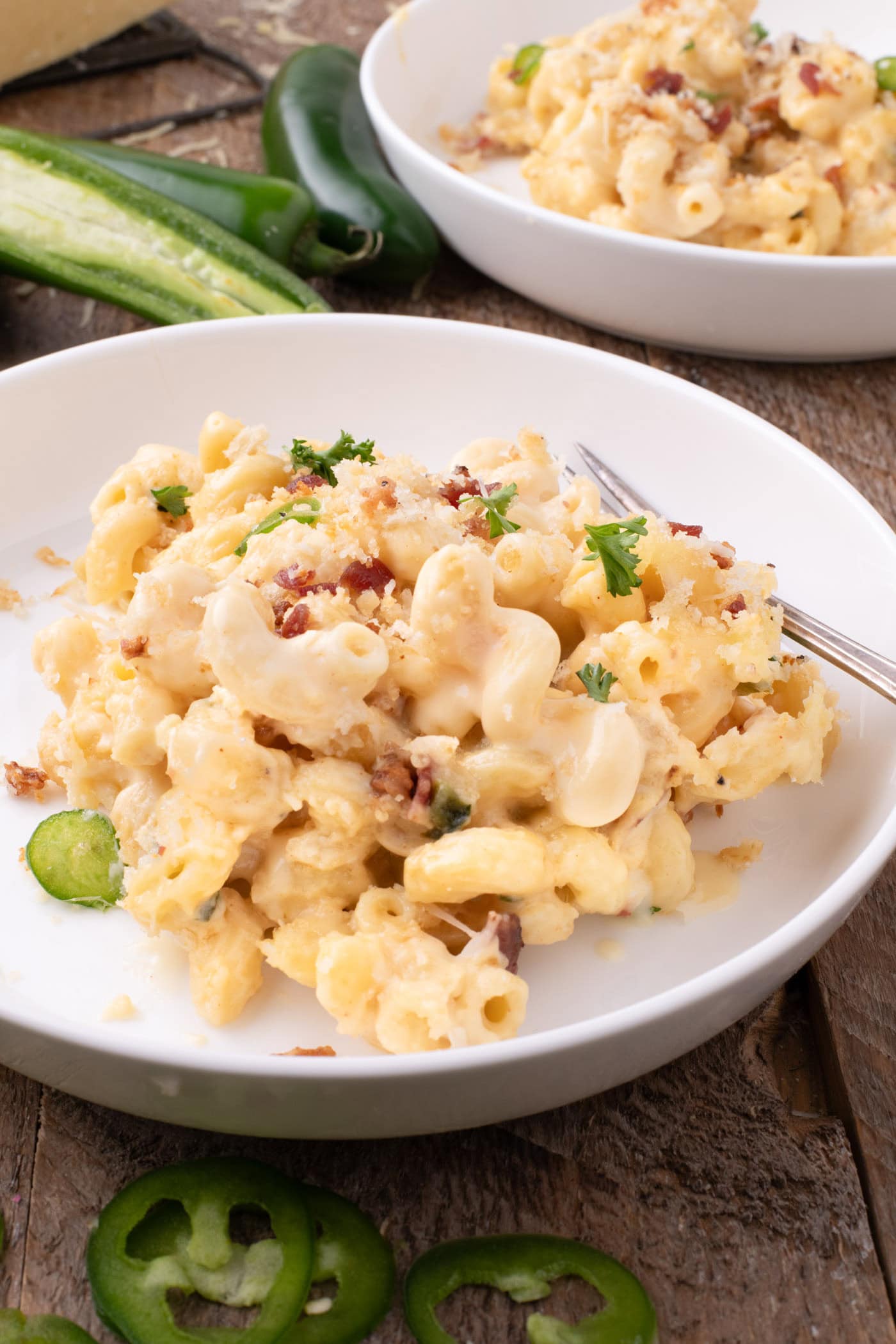 Close up photo of a plate of Jalapeno Popper Mac and Cheese