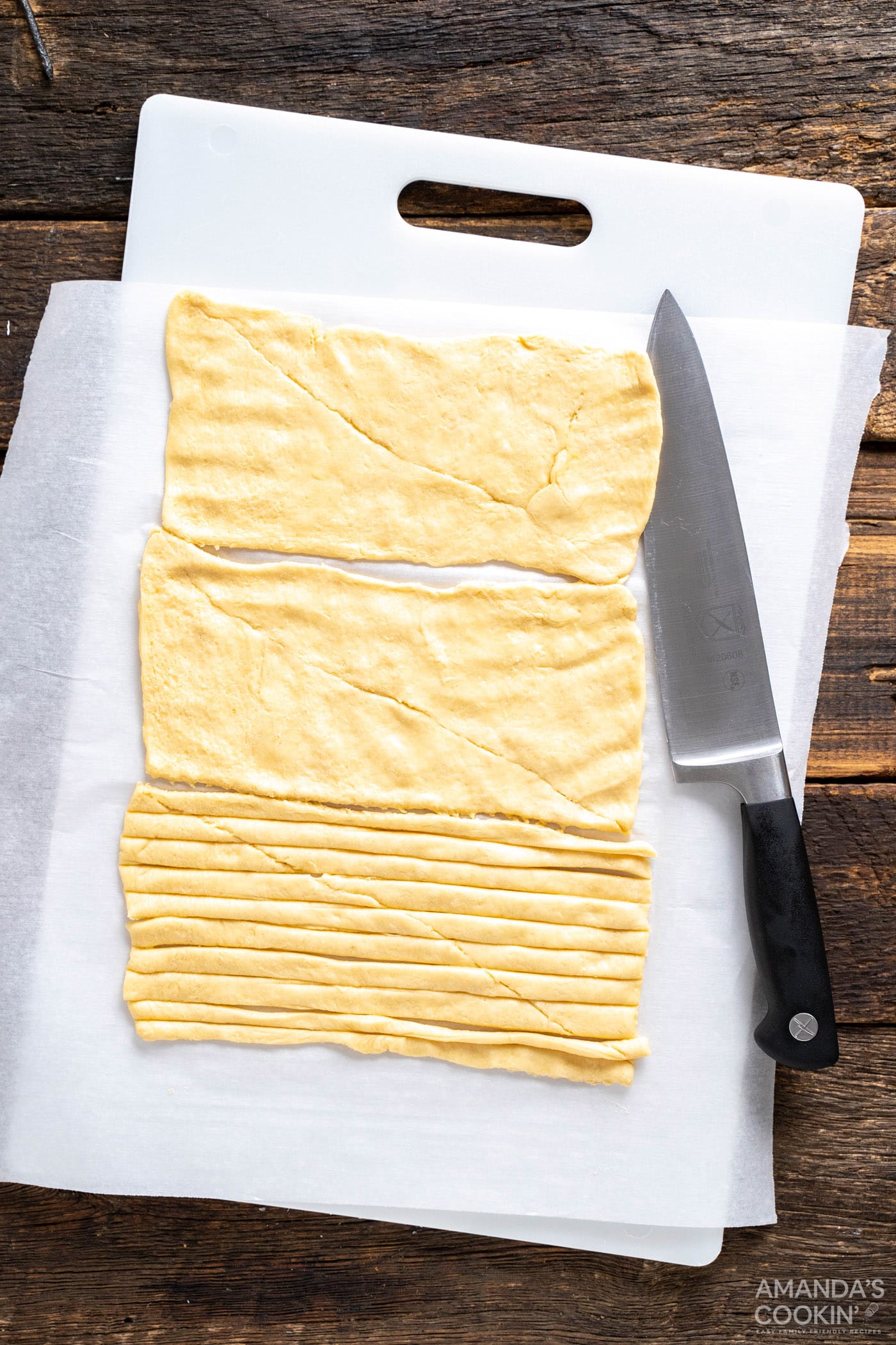 sliced crescent dough on a cutting board
