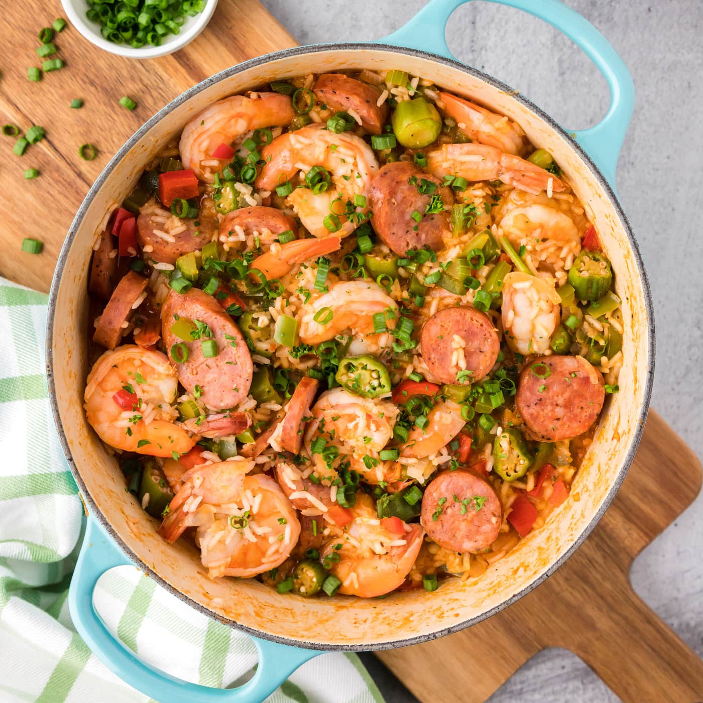Pot of Jambalaya on a wooden board