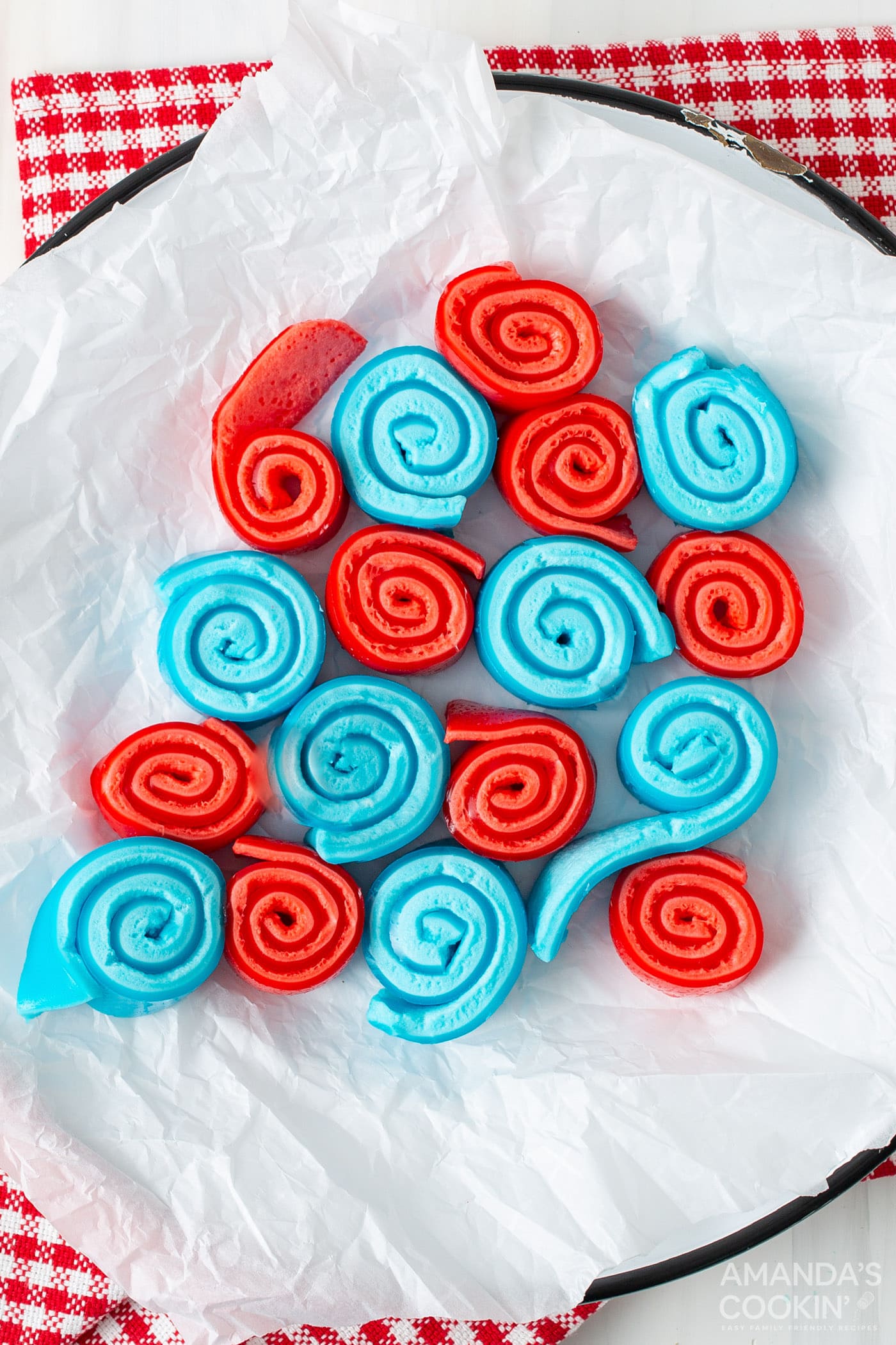 red and blue Jello Roll Ups on a plate