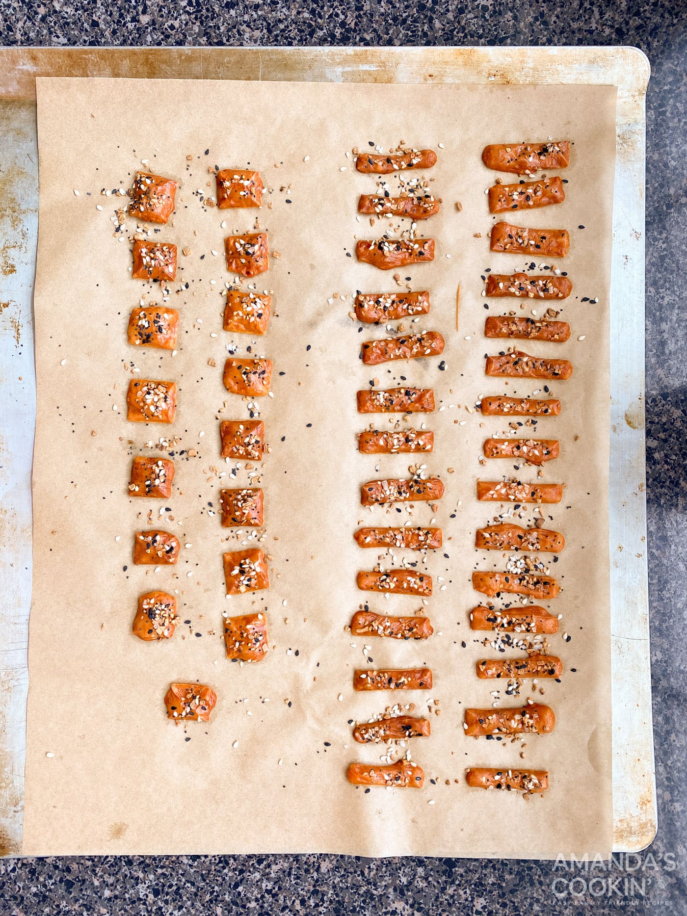 baked cheese squares on baking sheet
