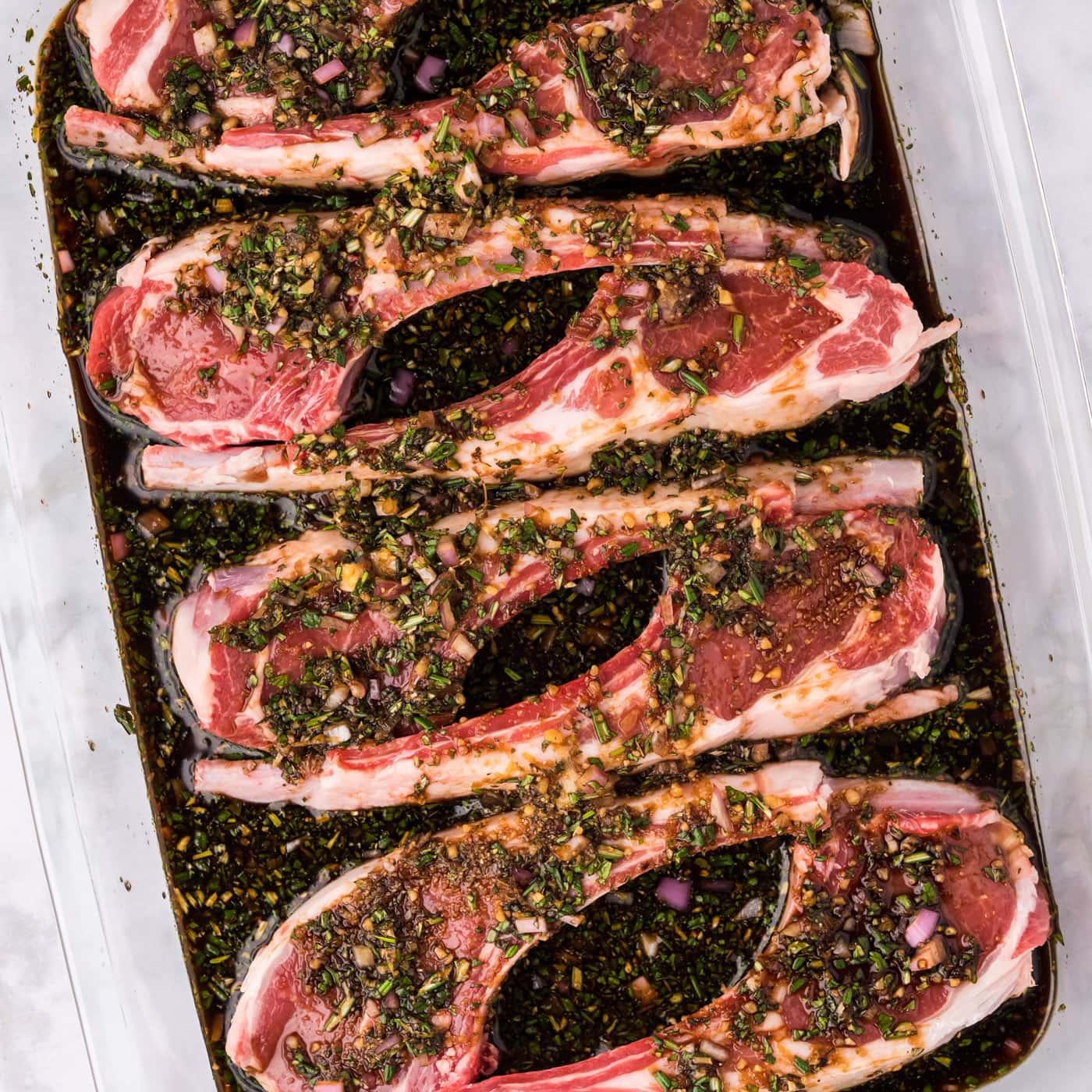 Lamb Chop Marinade in a baking dish