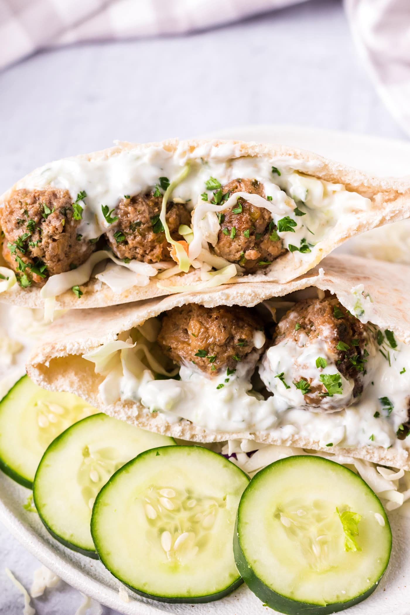 Lamb Meatballs in a pita pocket with tzatziki