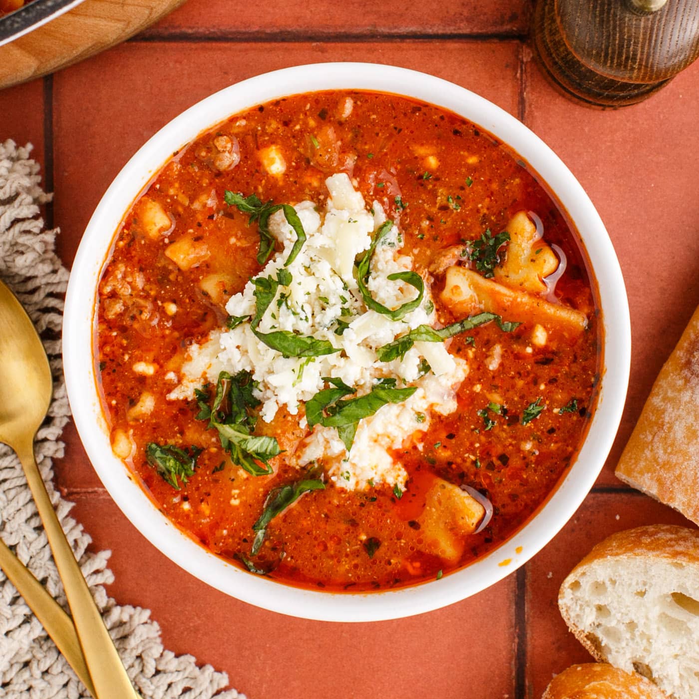 Bowl of Lasagna Soup
topped with cheese mixture and parsley