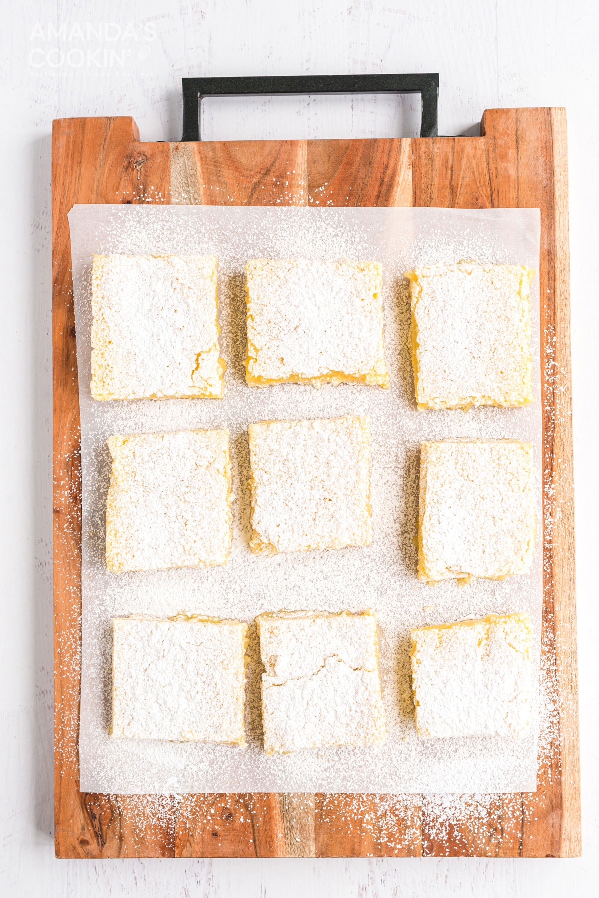 overhead view of lemon bars on a cutting board