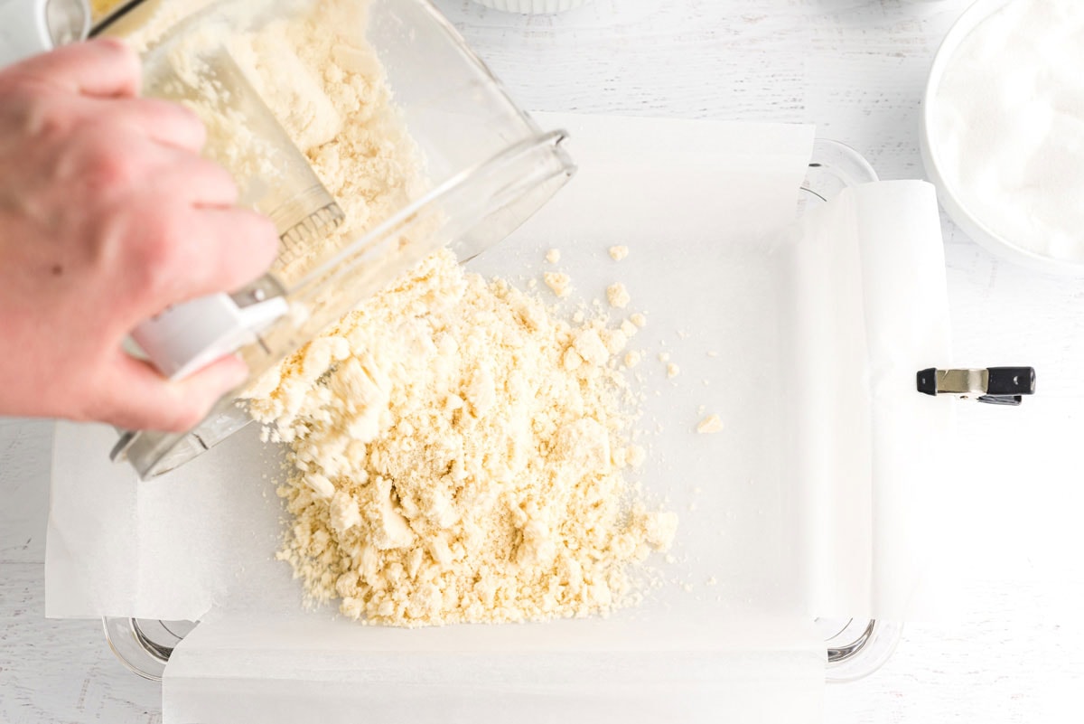 pouring shortbread mixture into pan