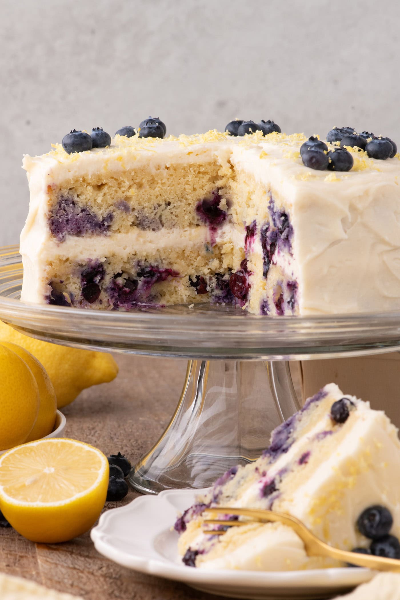 Lemon Blueberry Cake with slices removed