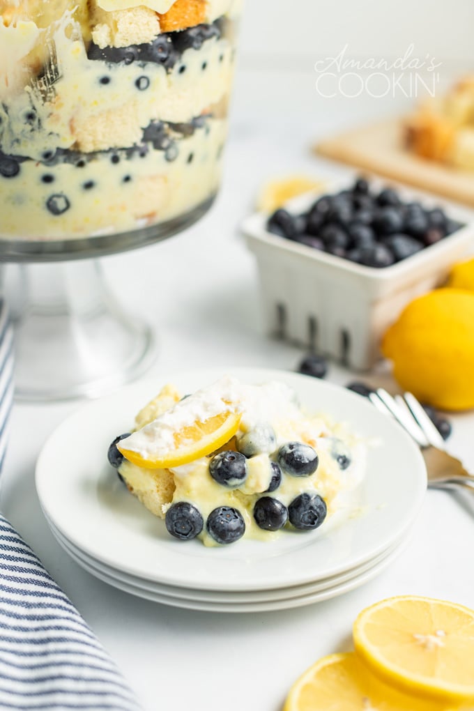 helping of lemon blueberry trifle on a plate