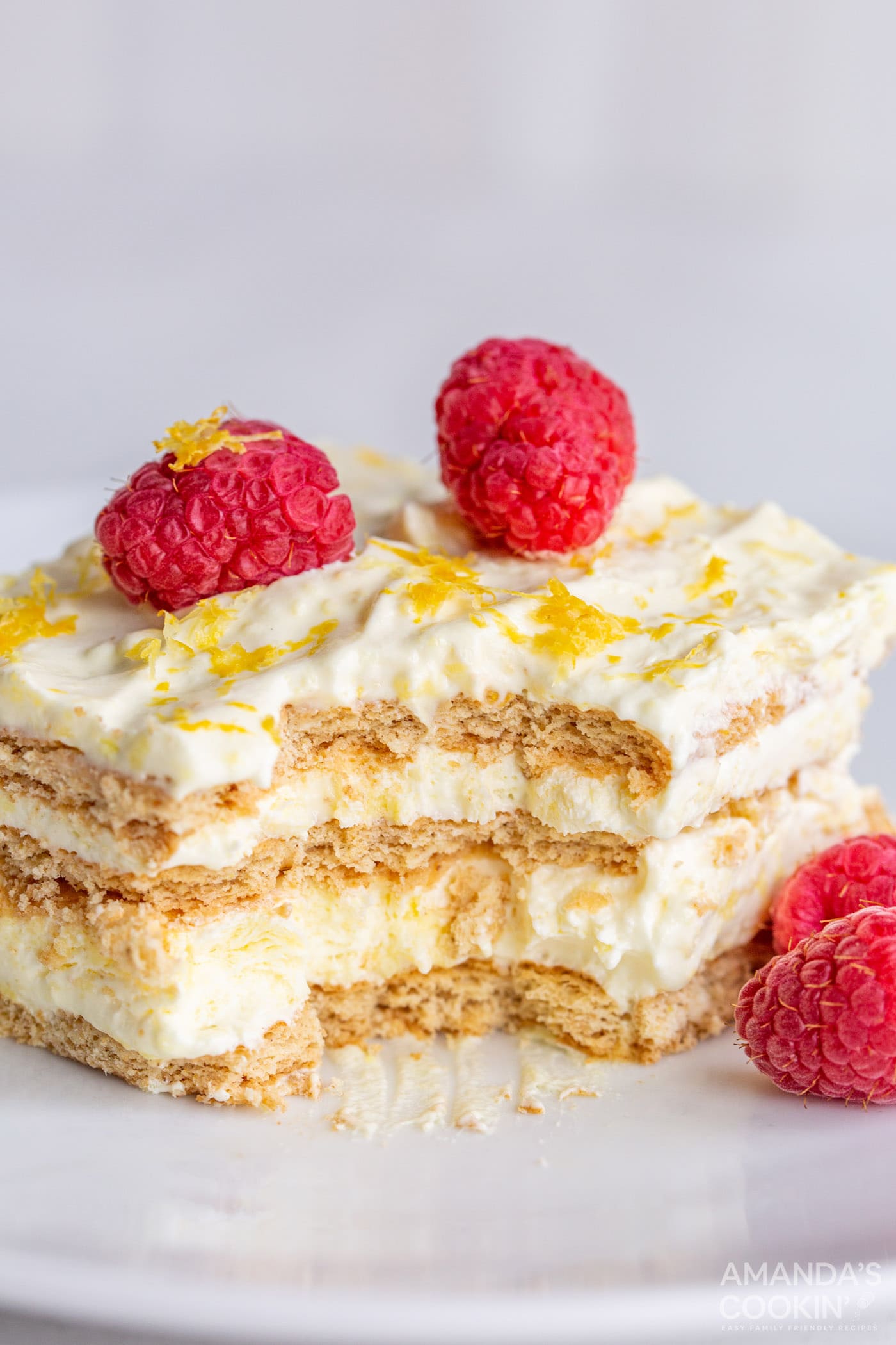 lemon icebox cake with bites out of it