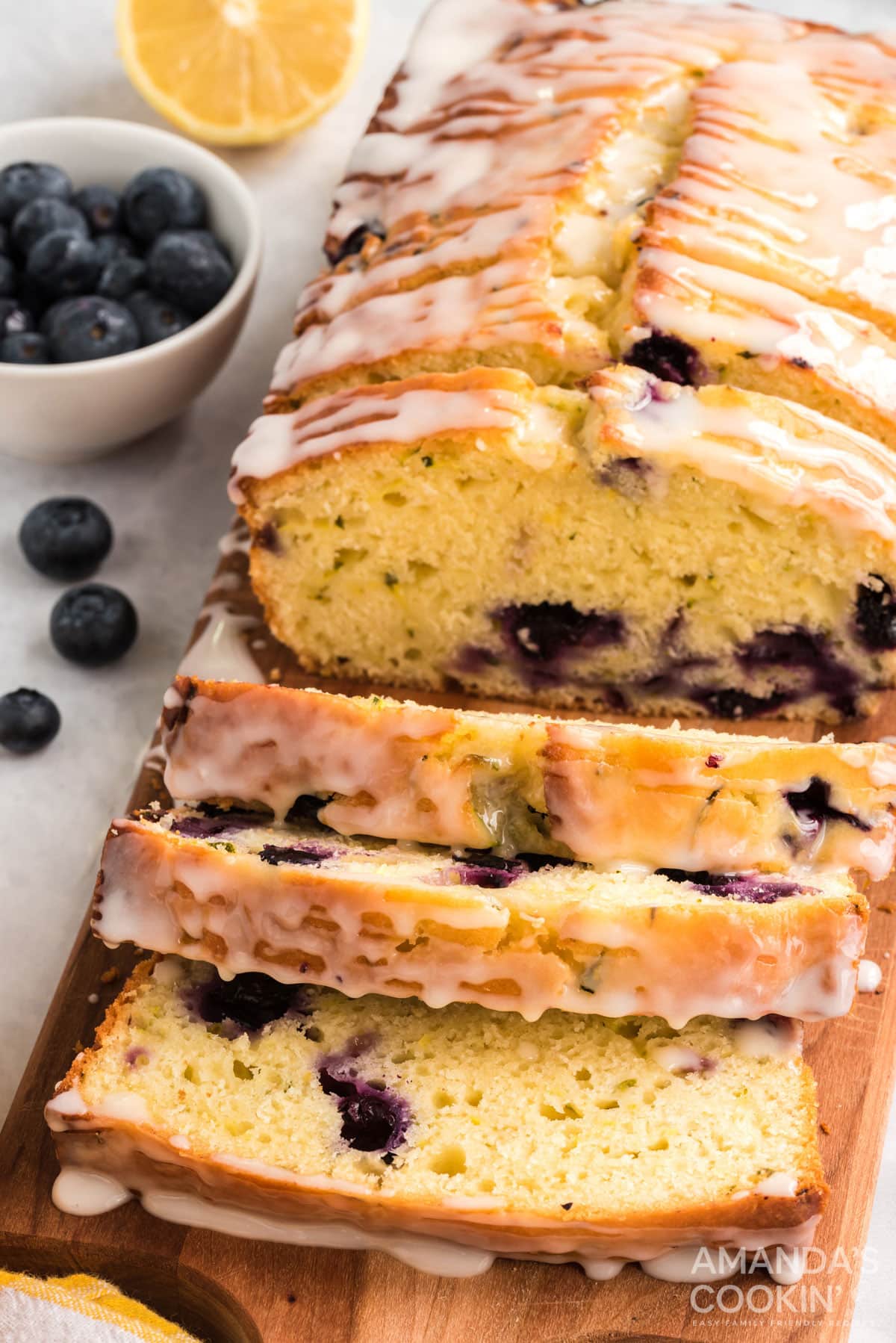close up of sliced lemon blueberry zucchini bread