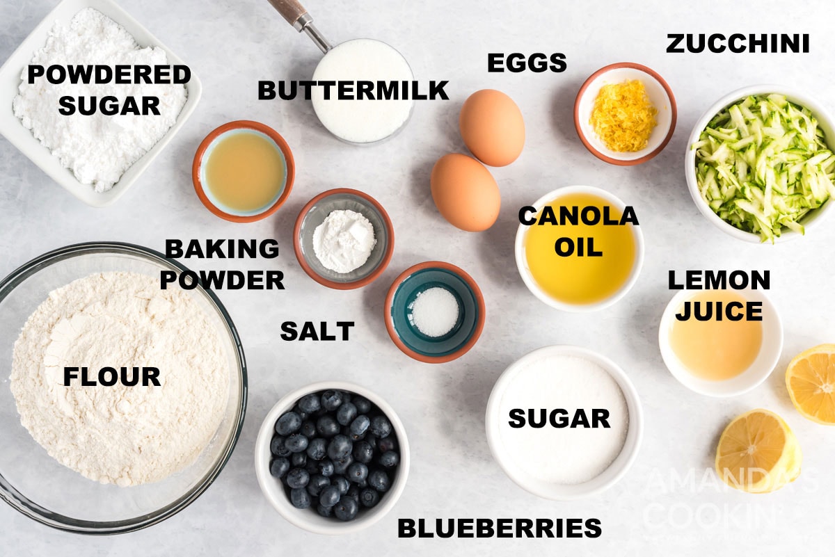 labeled ingredients for lemon blueberry zucchini bread