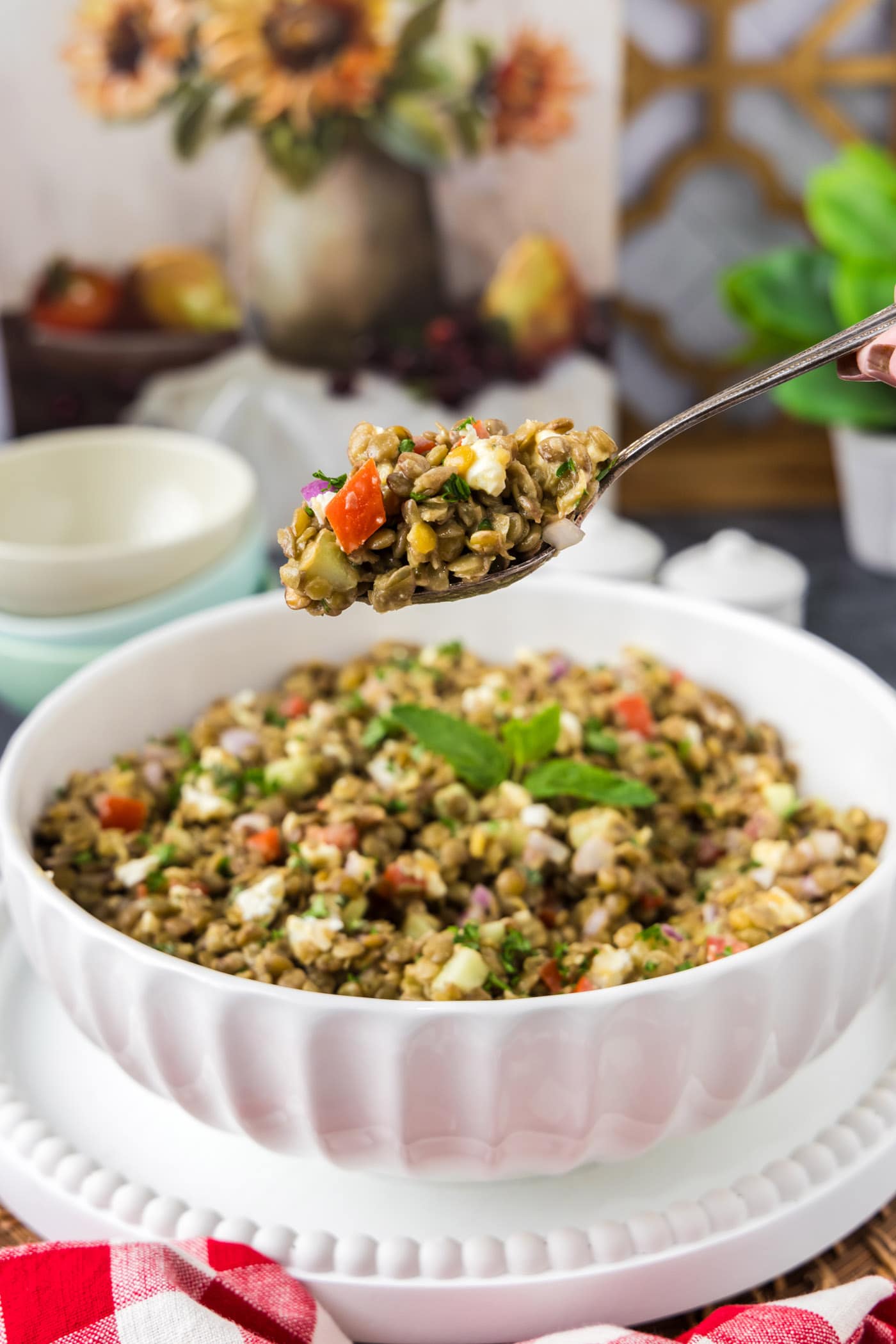 Spoonful of Lentil Salad being lifted out of a bowl of Lentil Salad