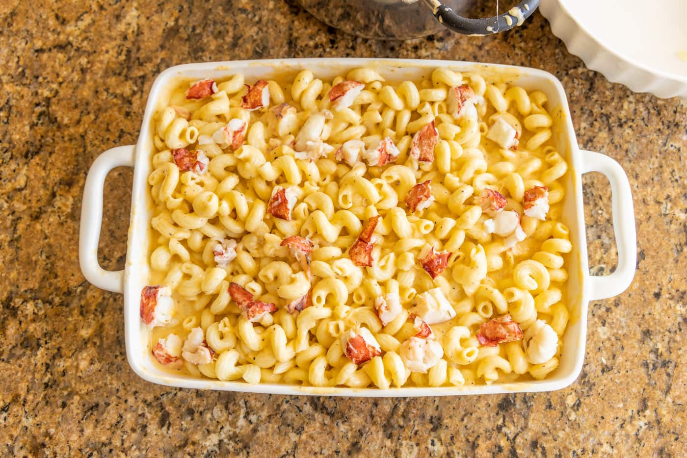 lobster mac and cheese in a baking dish
