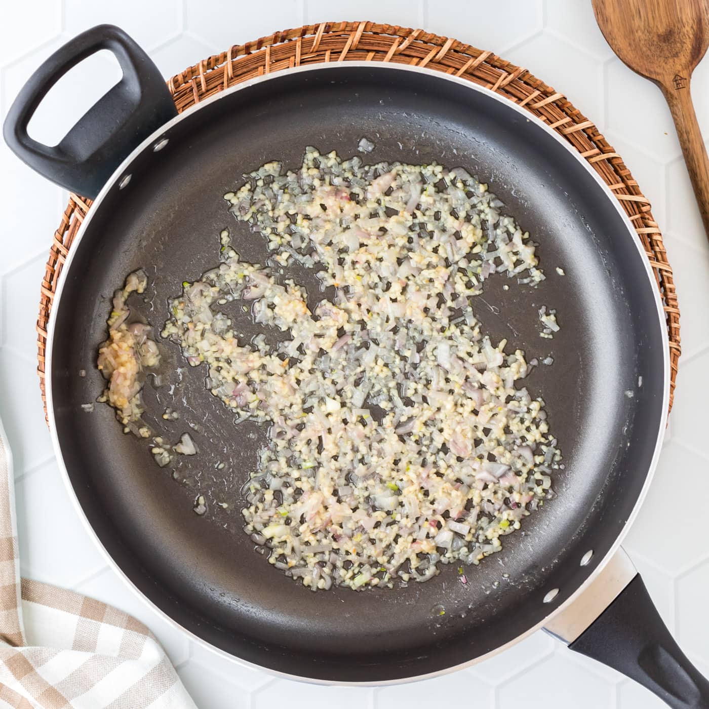 shallots, garlic, and butter in a saute pan