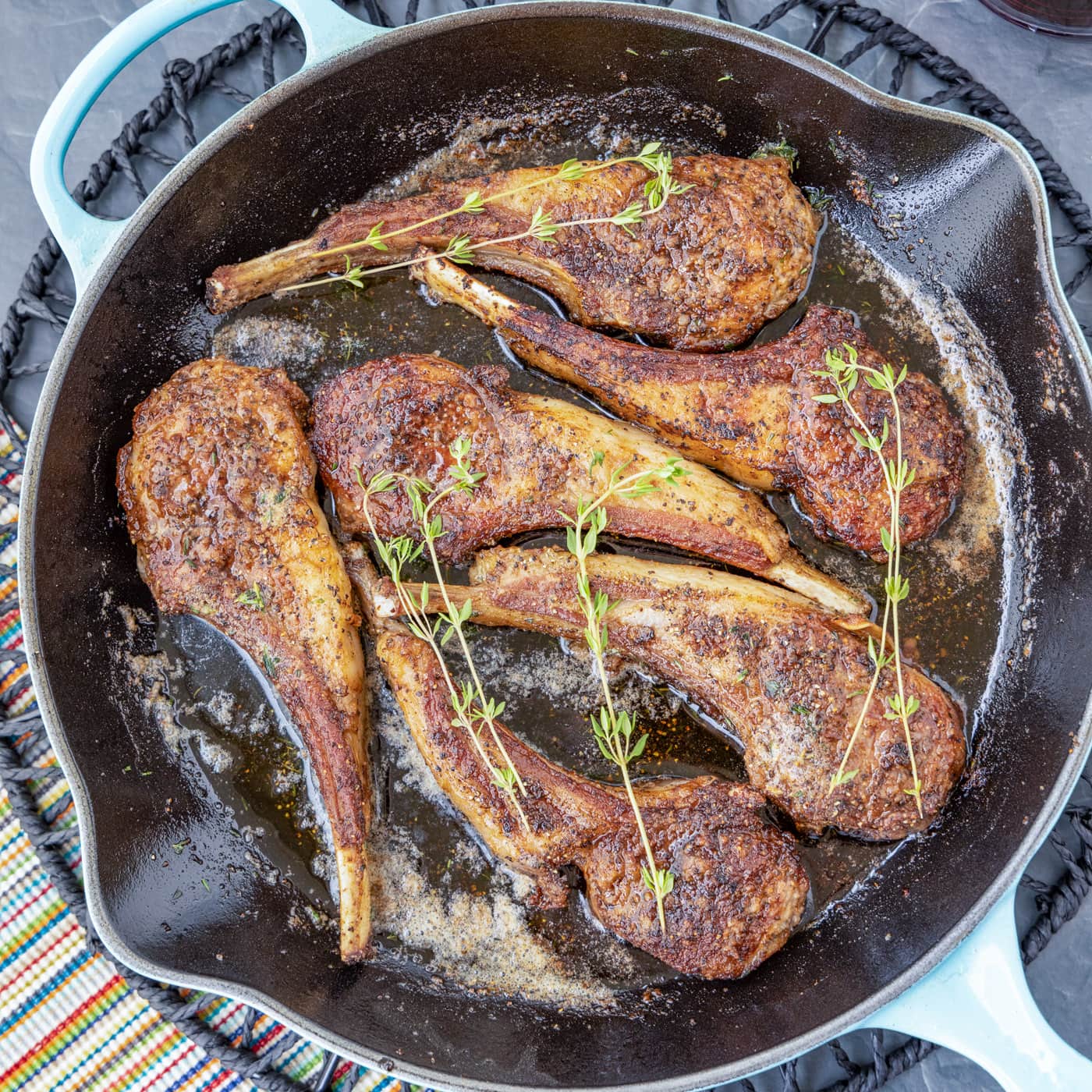 skillet of Lollipop Lamb Chops