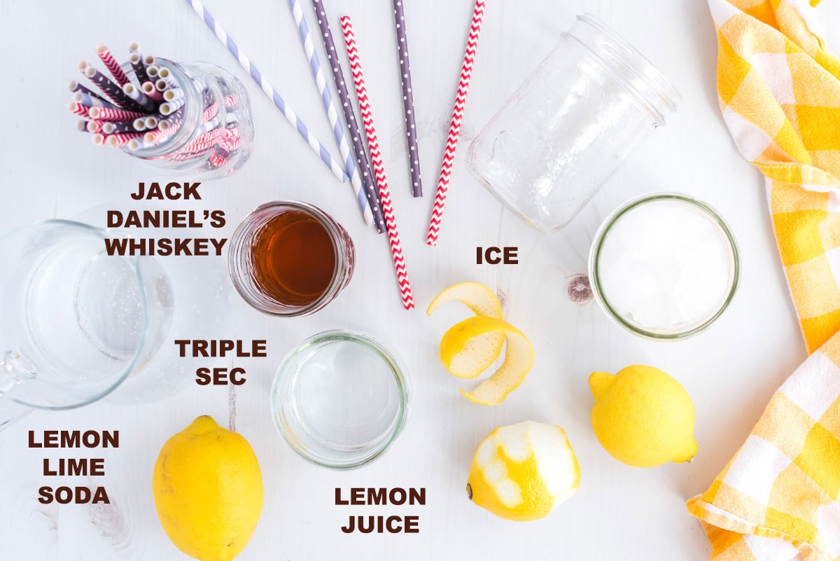 labeled ingredients for a Lynchburg Lemonade cocktail