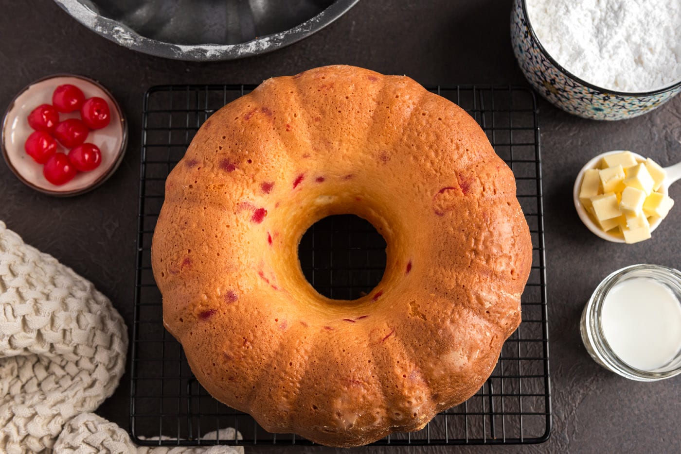 overhead of cherry bundt cake