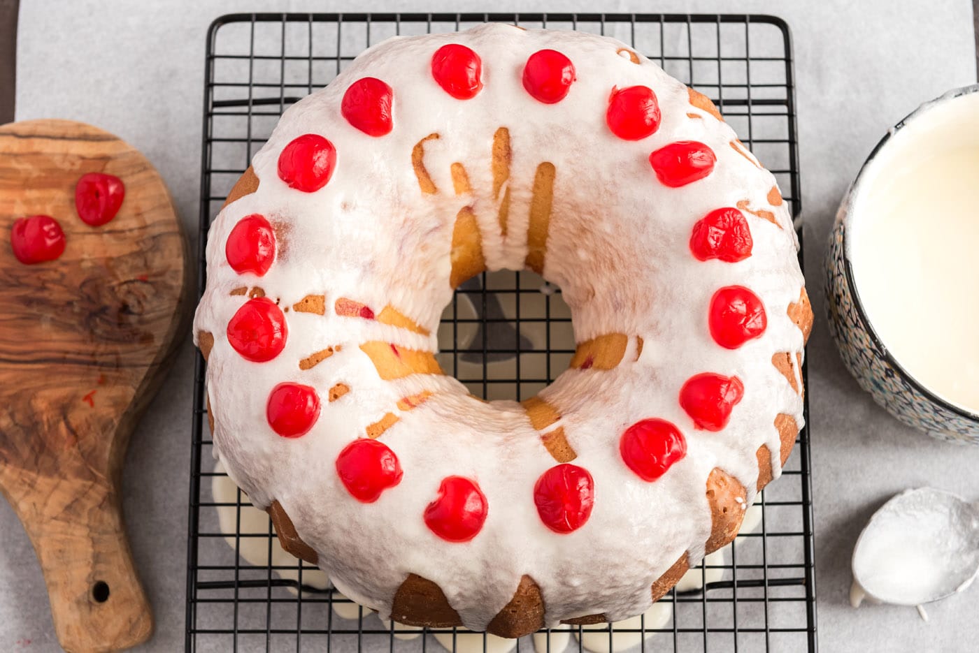 overhead of maraschino cherry bundt cake