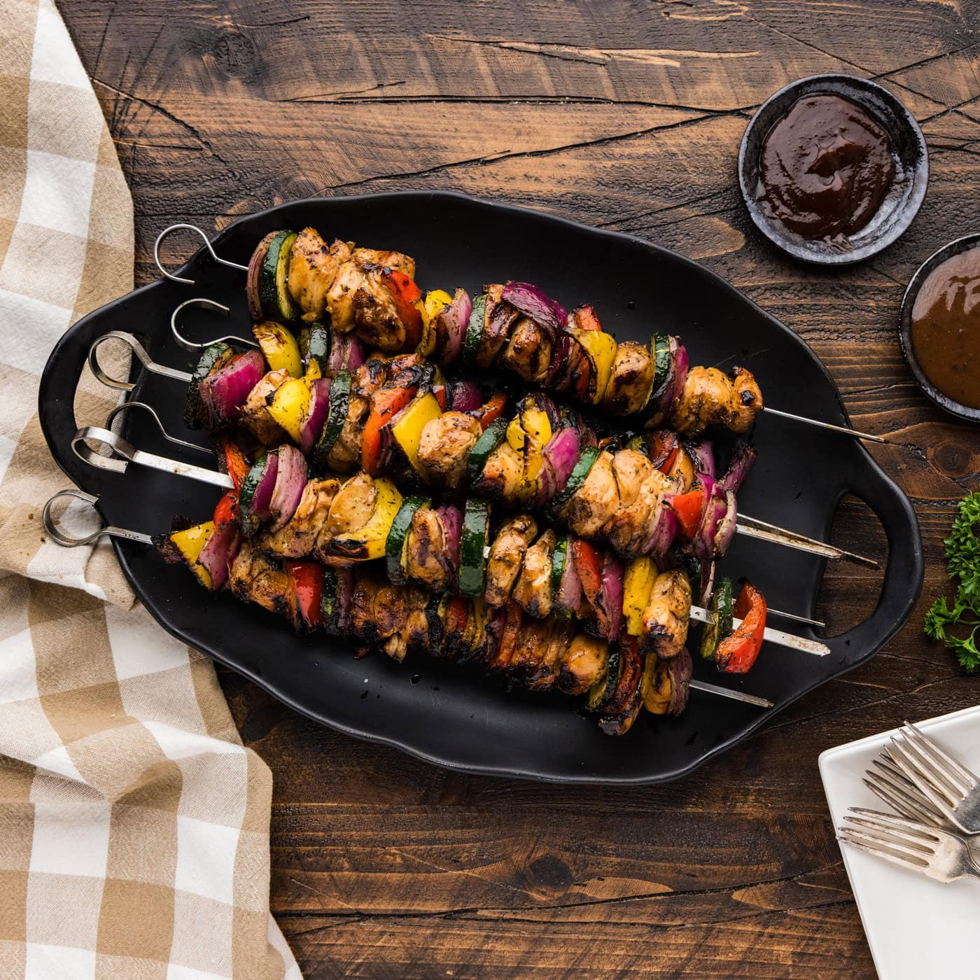 skewers of Marinated Grilled Chicken Kabobs on a platter