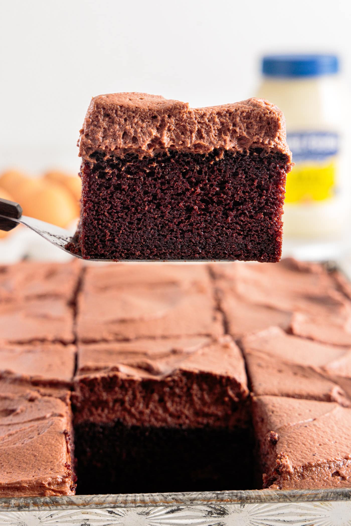 spatula lifting a piece of Mayonnaise Cake