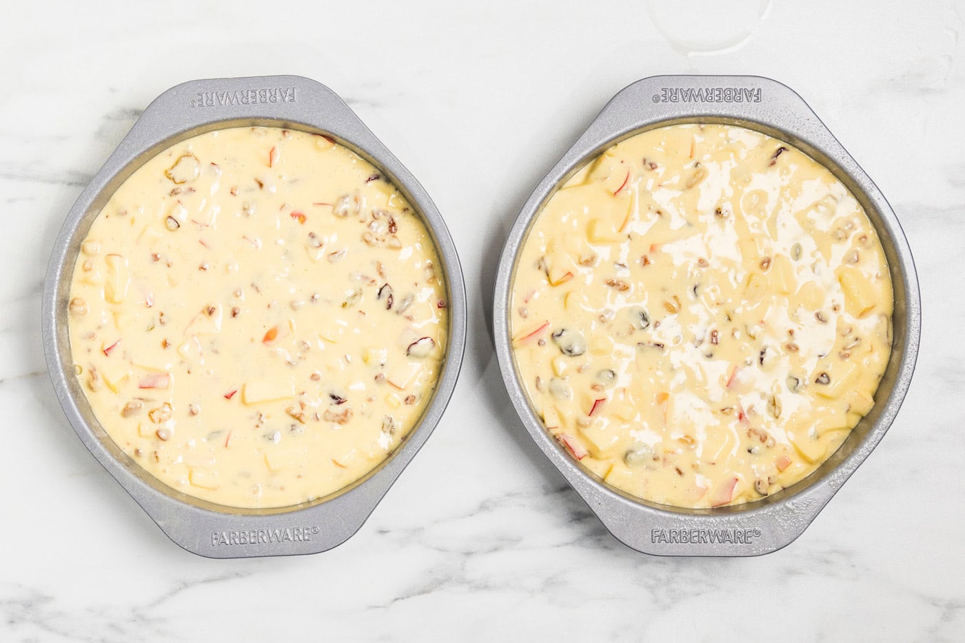 merryfield apple cake batter in 2 round cake pans