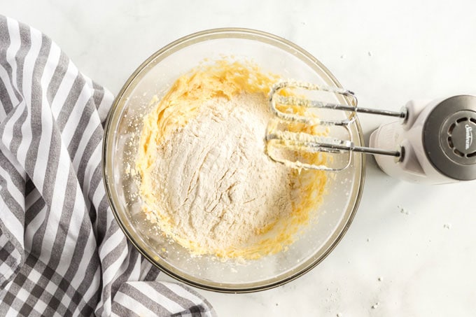 flour and cookie dough in bowl