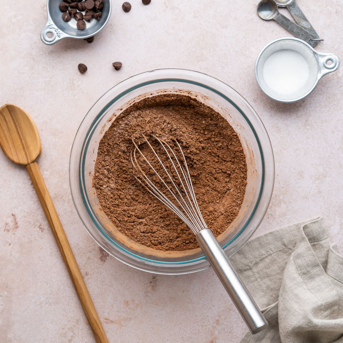 flour, cocoa powder, and salt whisked in a bowl