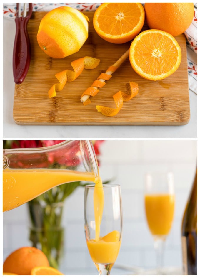 pouring orange juice into champagne flute