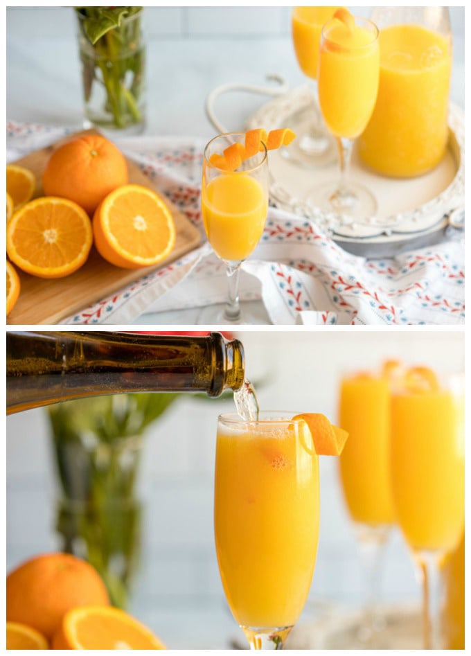 topping off orange juice with champagne