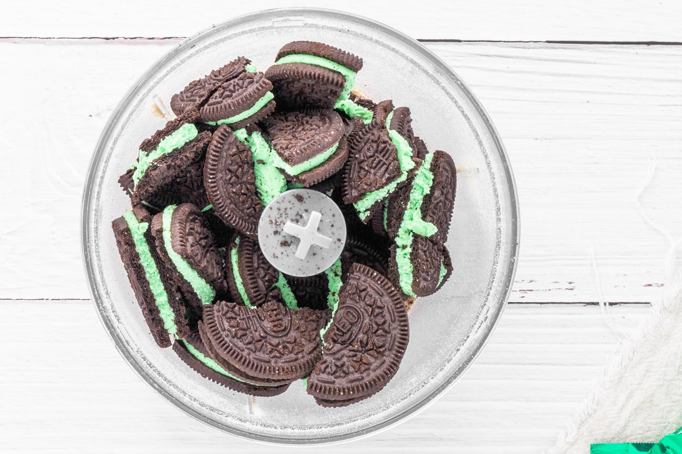 mint Oreo cookies in a food processor