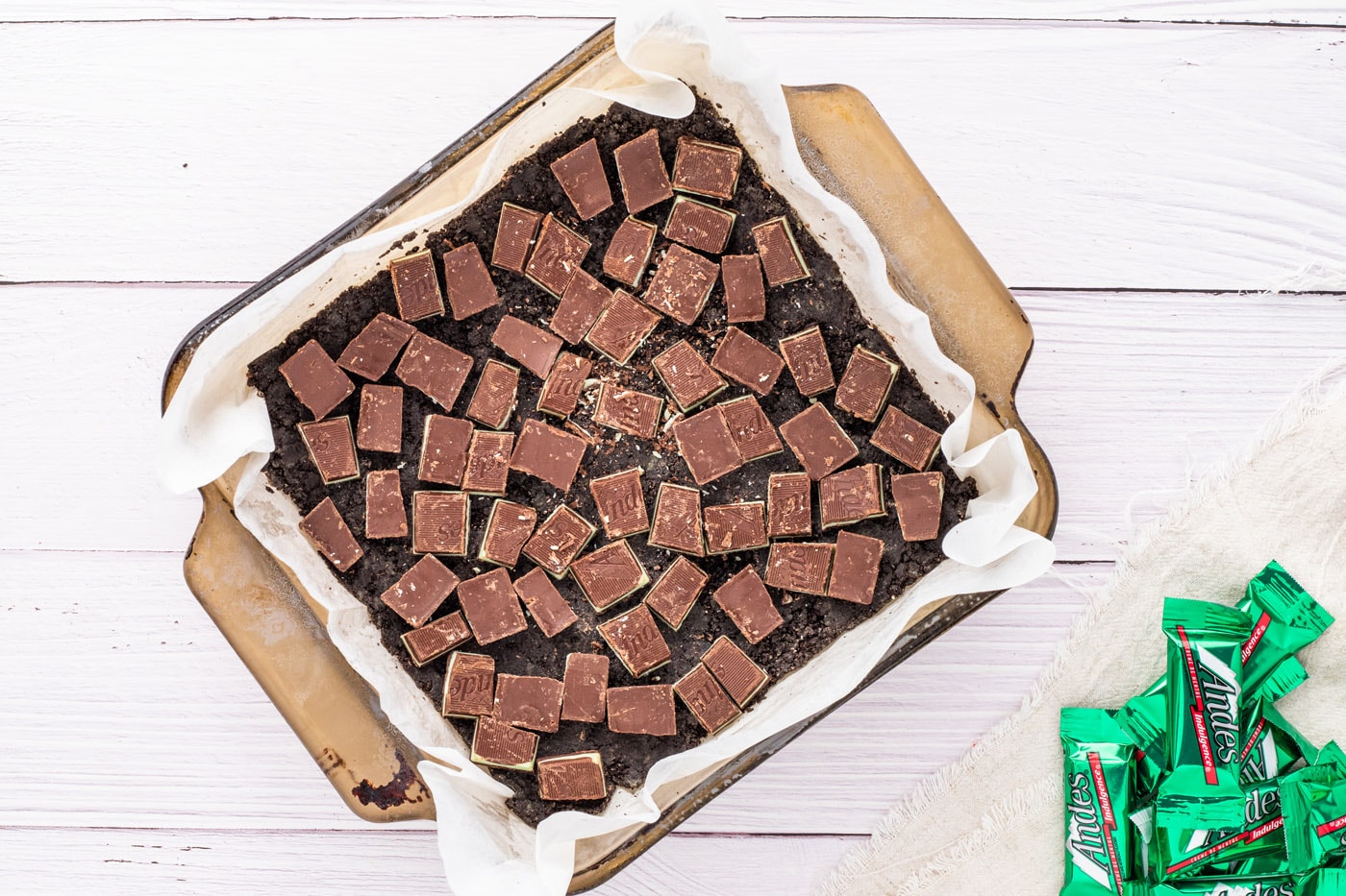andes mints on top of oreo cookie crust