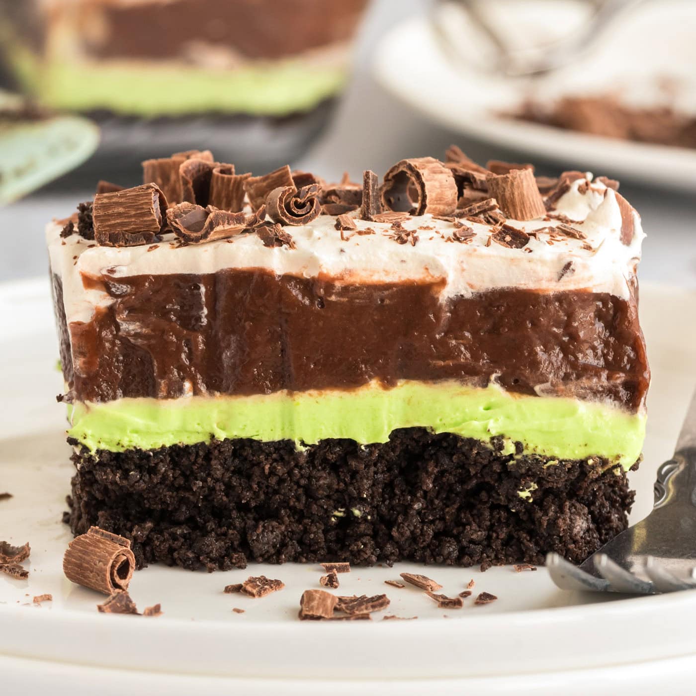 Slice of Mint Chocolate Lasagna on a plate