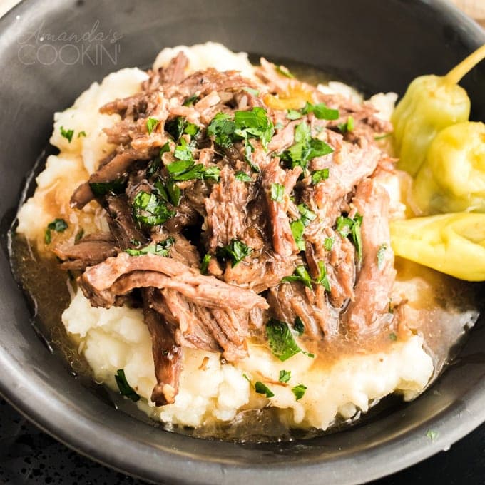 mississippi pot roast on mashed potatoes