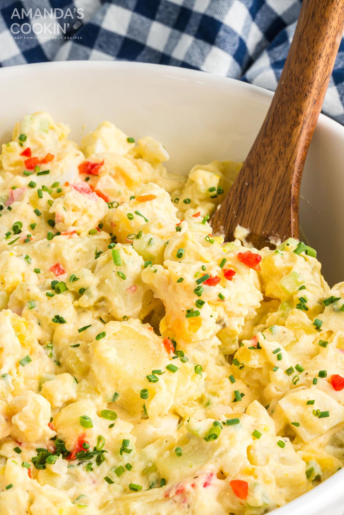 wooden spoon in bowl of potato salad