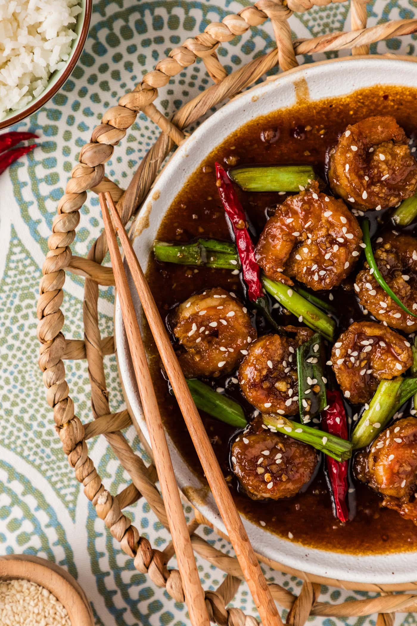 Close up photo of half of a plate of Mongolian Shrimp