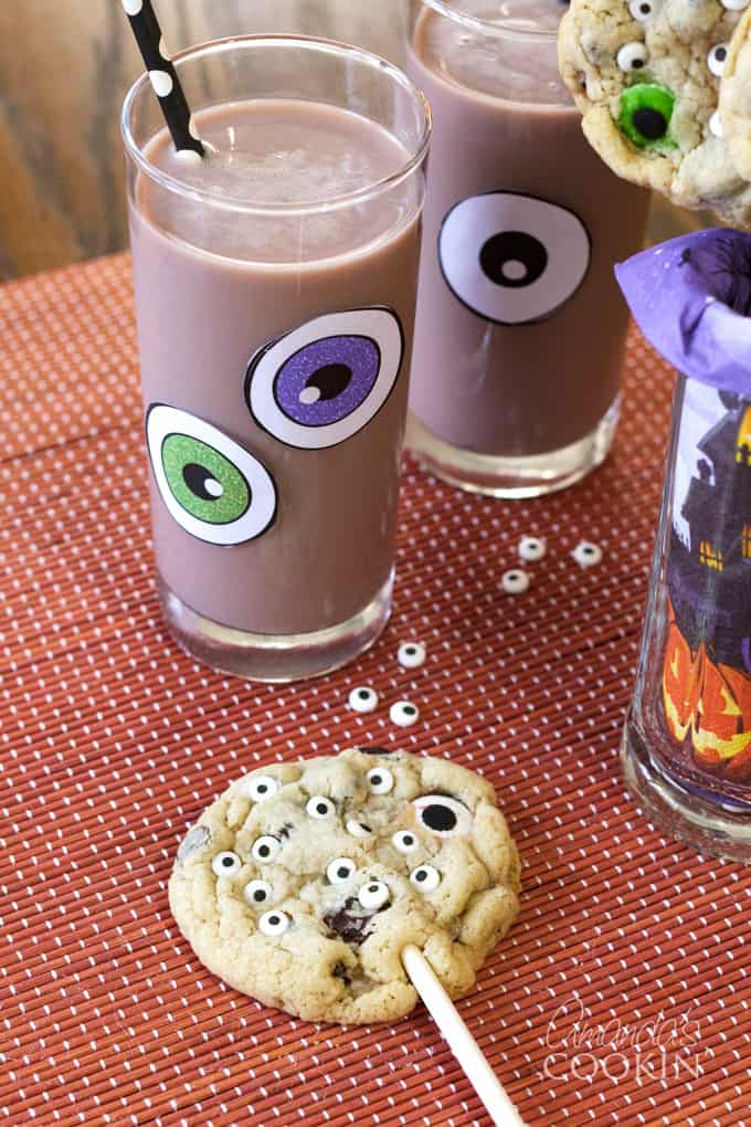 monster eyeball cookie pops and chocolate milk