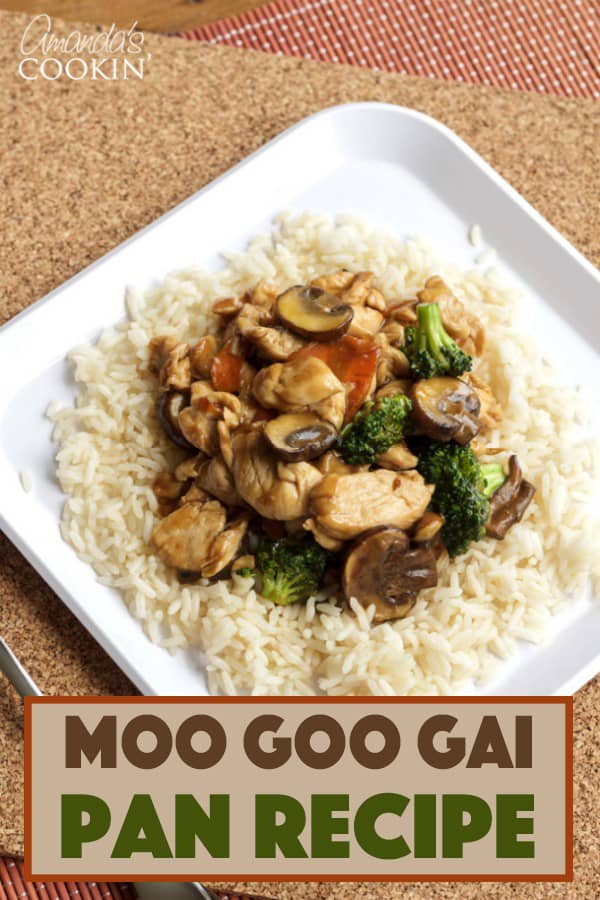 A plate of food with rice and broccoli, with Chicken and Moo goo gai pan