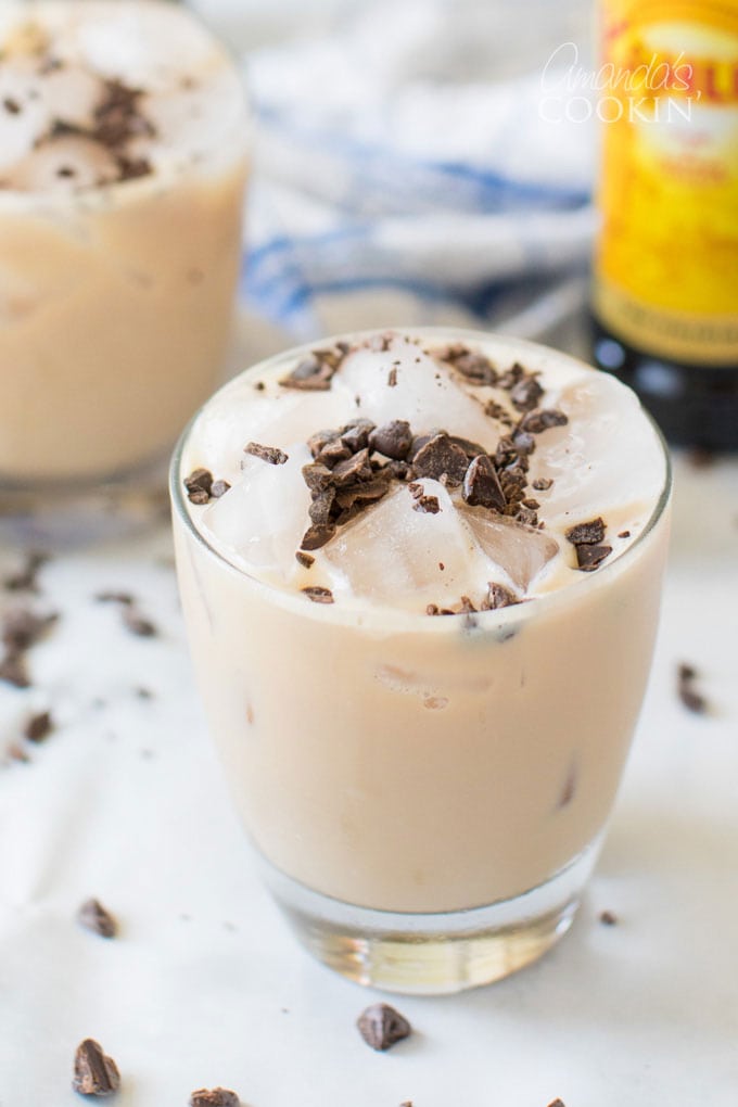 rock glass with a mudslide and chocolate shavings on top