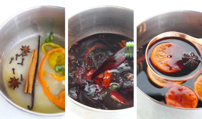 Combine the sugar, citrus juices, citrus peels, the split vanilla pod and spices in a saucepan. Add just enough wine to cover the sugar.