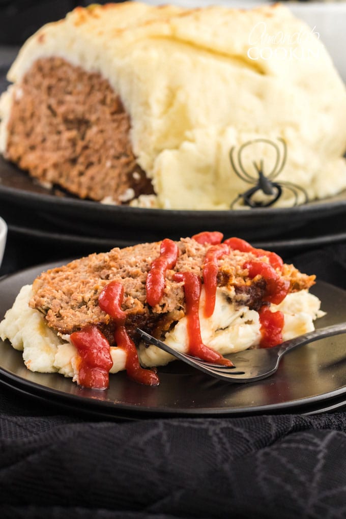 slice of mummy meatloaf with ketchup blood