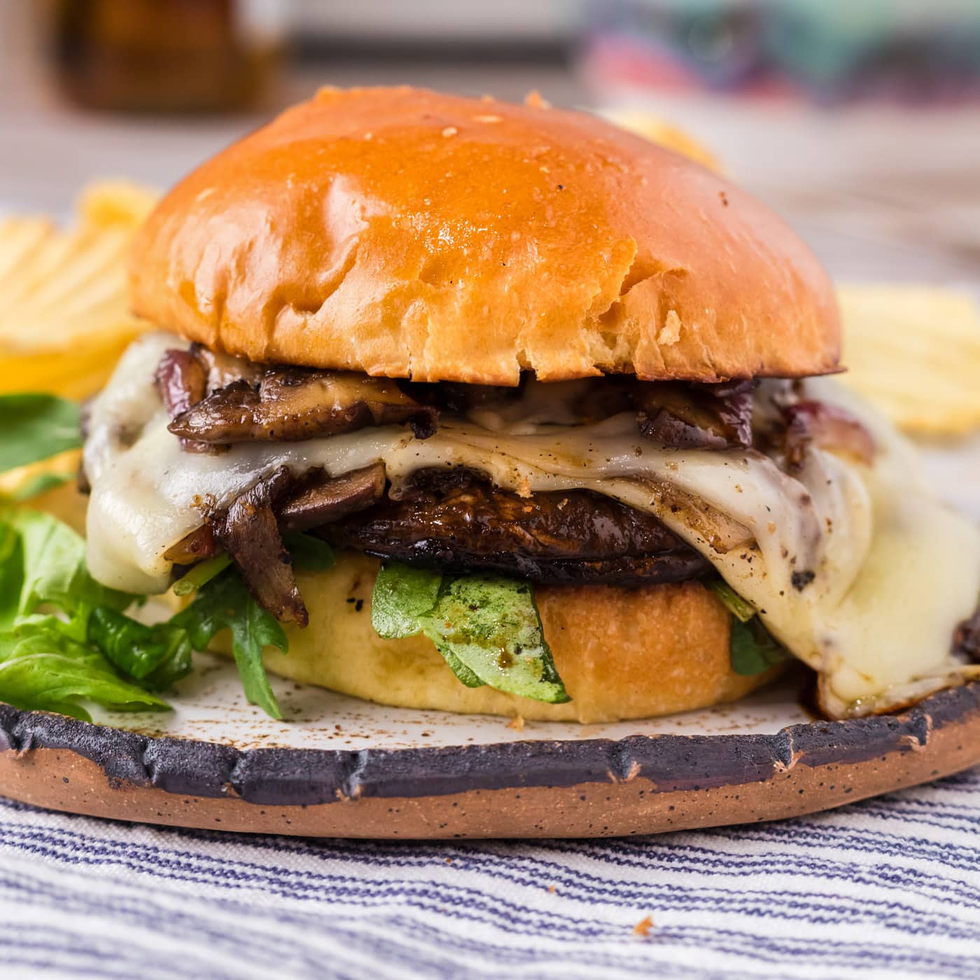 Close up photo of a Mushroom Burger on a plate