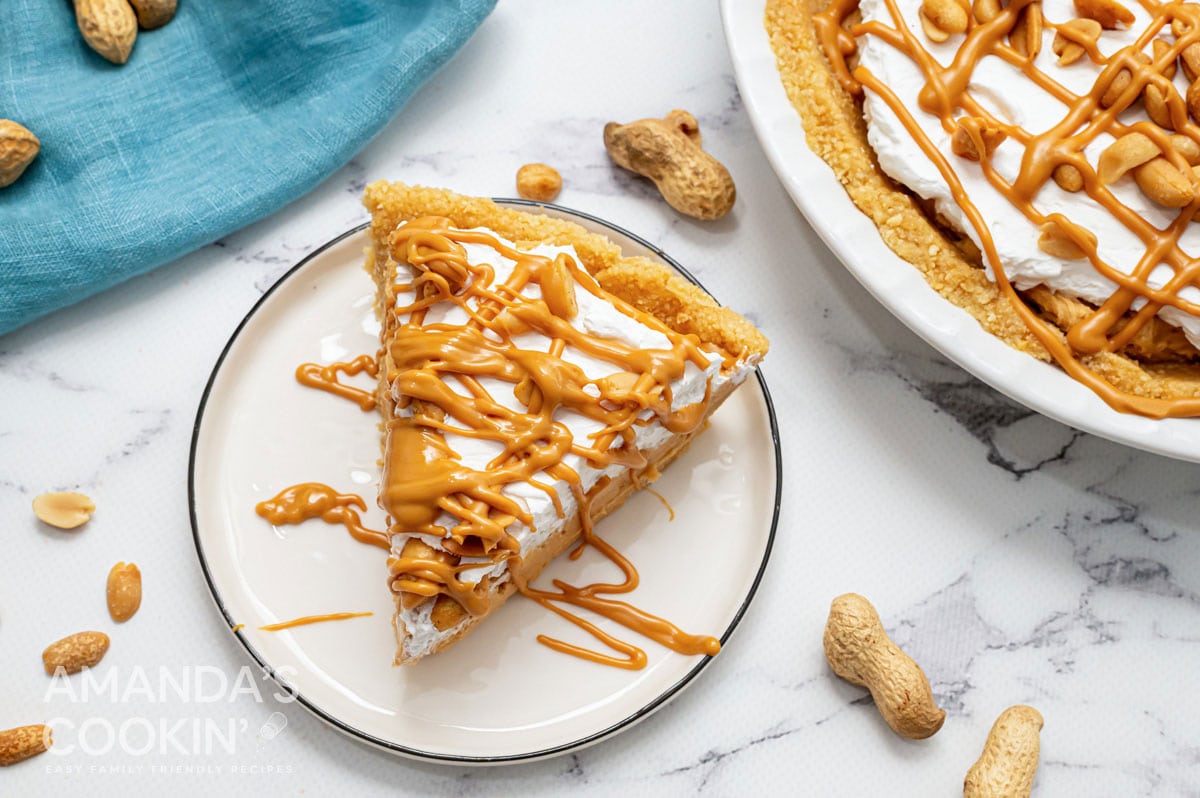 overhead view of a slice of peanut butter pie