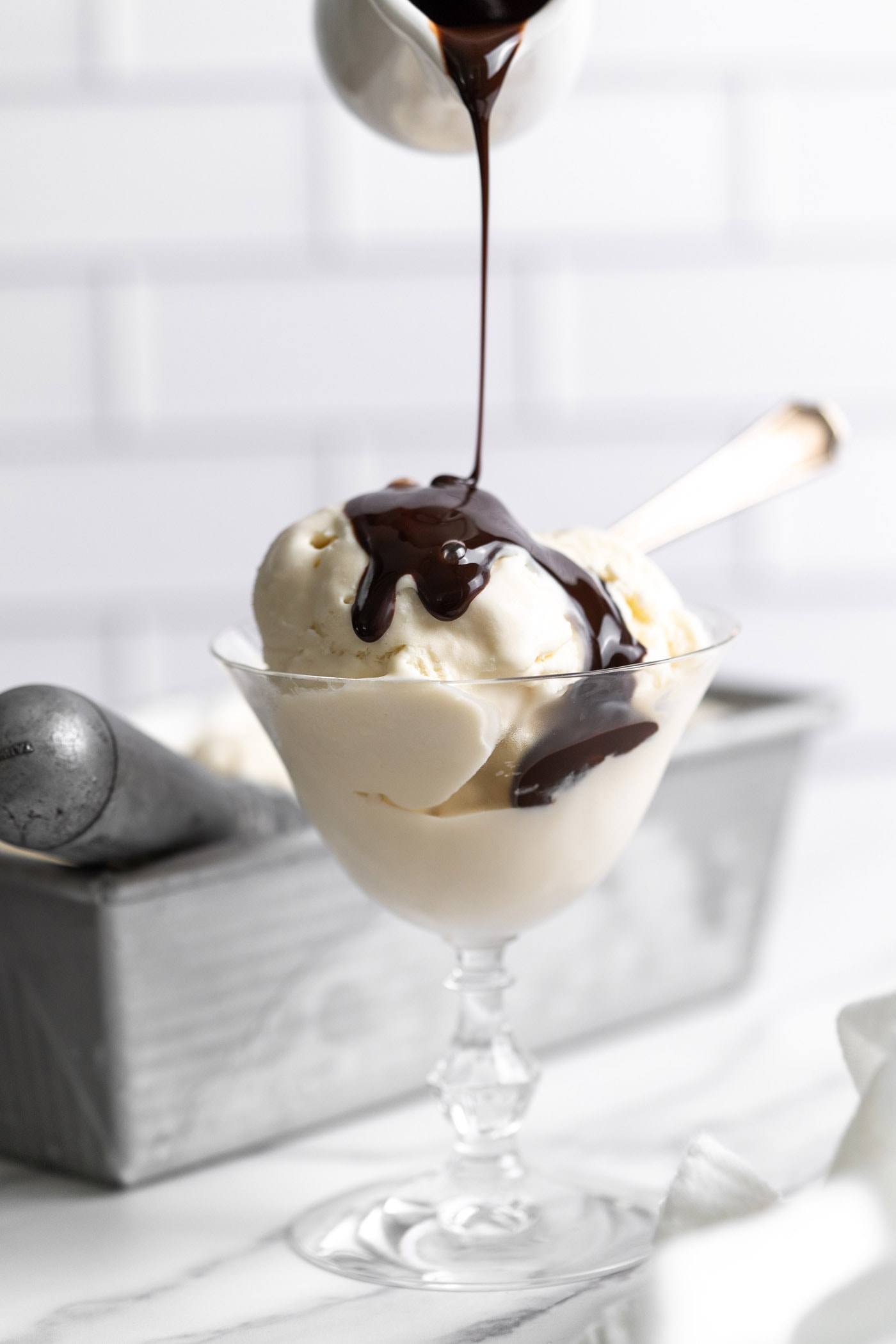 vanilla ice cream with chocolate syrup