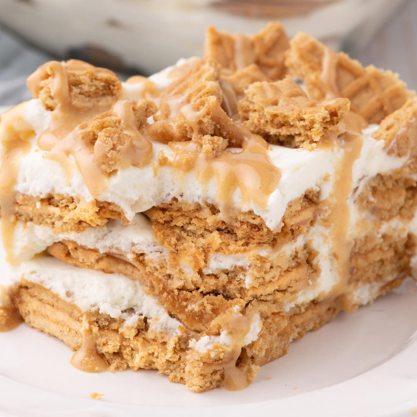 Slice of Nutter Butter Icebox Cake with a bite removed