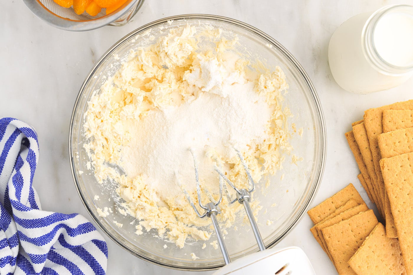 pudding mix with cream cheese in a bowl