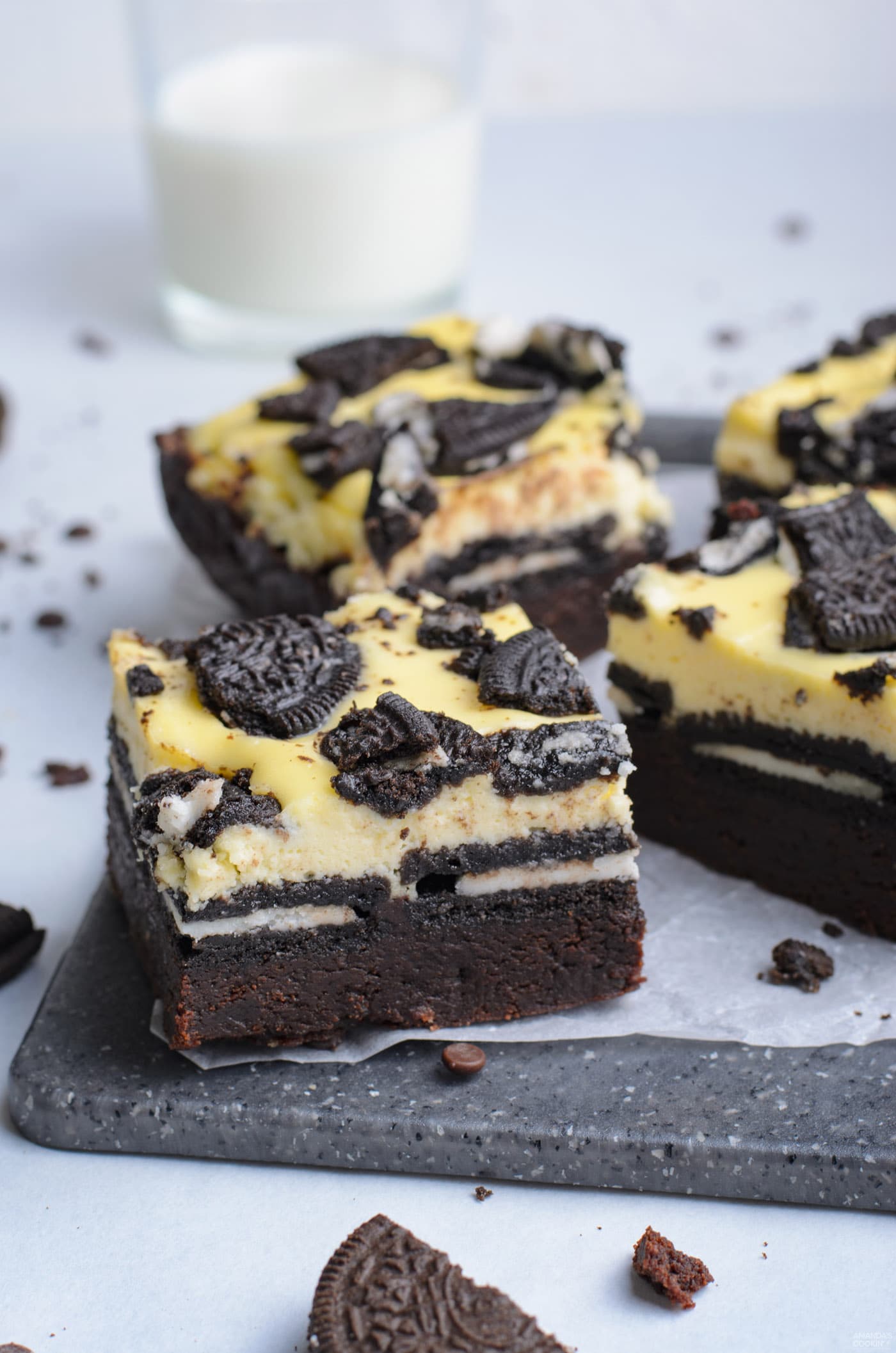 Oreo Cheesecake Brownies on a platter