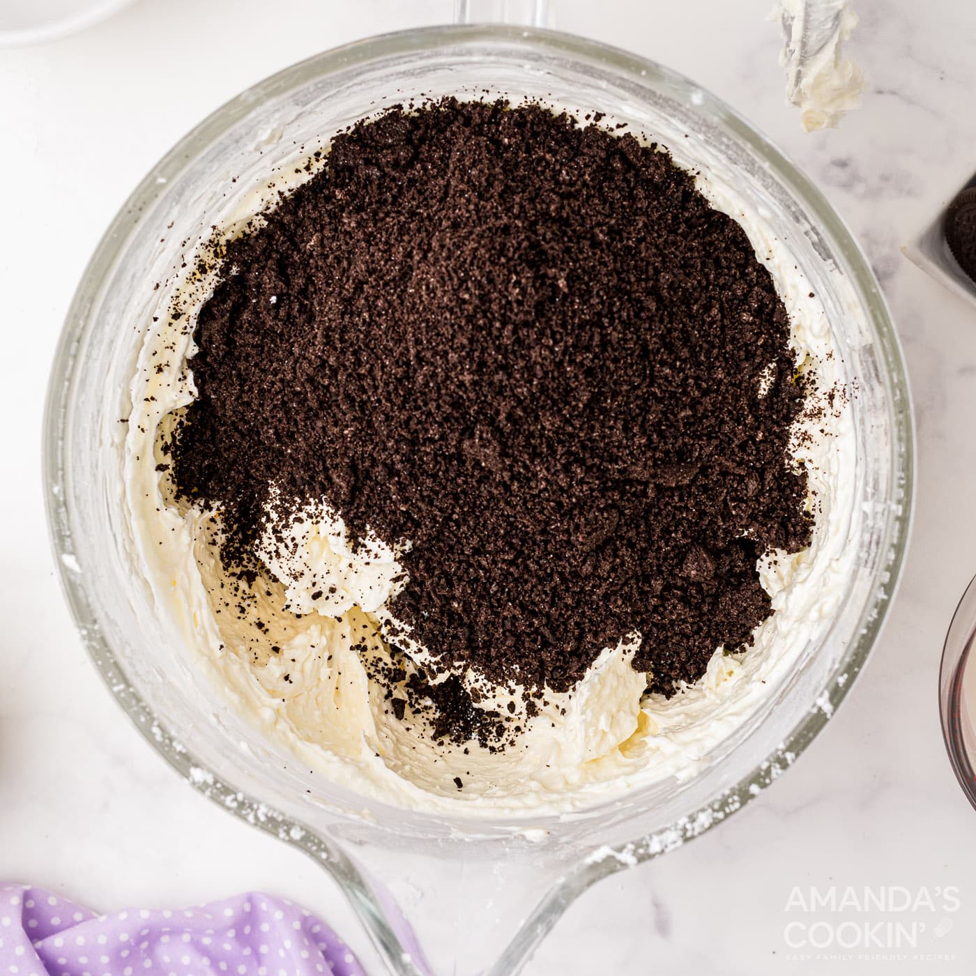 oreo crumbs in cheesecake mixture