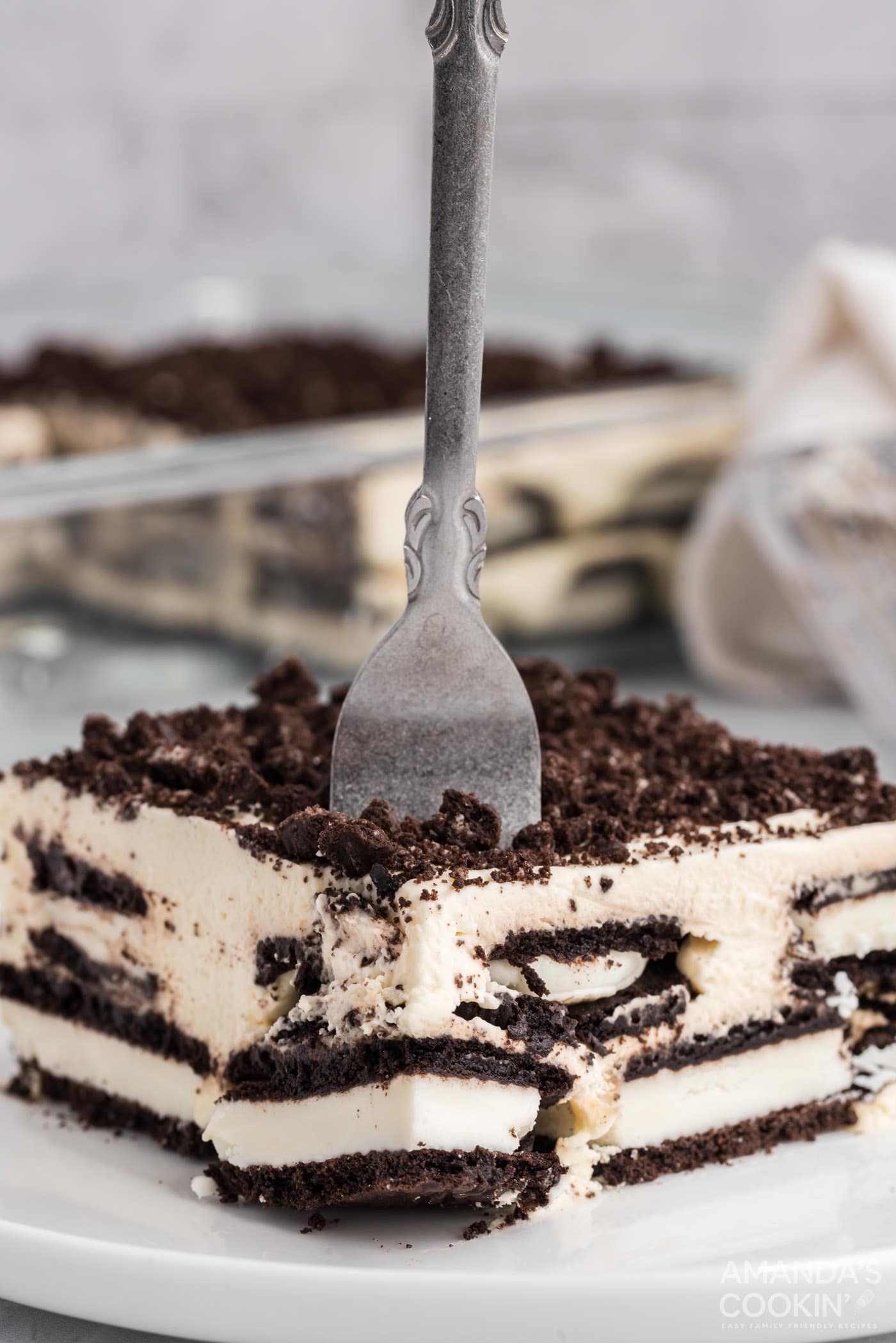 fork poked into Oreo Icebox Cake